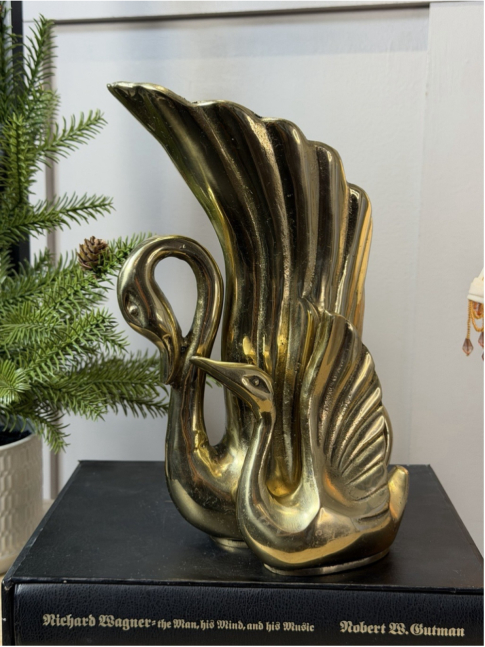 Mid-20th Century Solid Brass Swan Mother and Child Vase by Frederick Cooper 10”